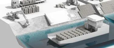 Visueel plaatje van het aanbrengen van Basalton blokken op een dijk