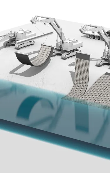 Visueel plaatje van het aanbrengen van Betonblokmatten op een oever