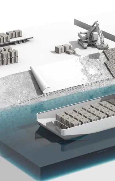 Visueel plaatje van het aanbrengen van Basalton blokken op een dijk