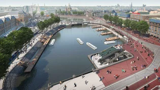 Luchtfoto van het plaatsen van de deksloven bij de entree fase 2 in Amsterdam