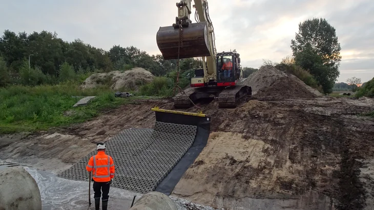 Leggen van de Betomat PE-GR (betonblokkenmat grasbetonblokmat) voor oeverversteviging