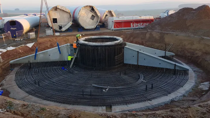 Plaatsen van de prefab betonnen funderingsvoet