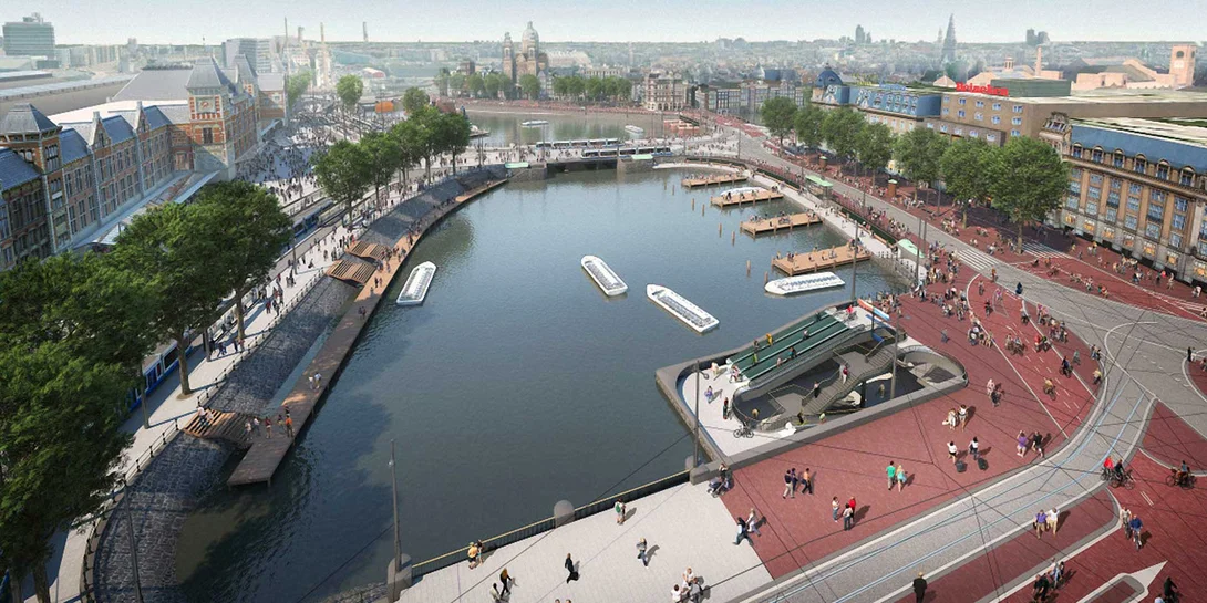 Luchtfoto van het plaatsen van de deksloven bij de entree fase 2 in Amsterdam