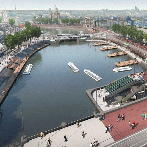 Luchtfoto van het plaatsen van de deksloven bij de entree fase 2 in Amsterdam