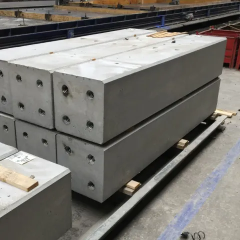 Een pallet met geproduceerde prefab kolommen in de fabriek